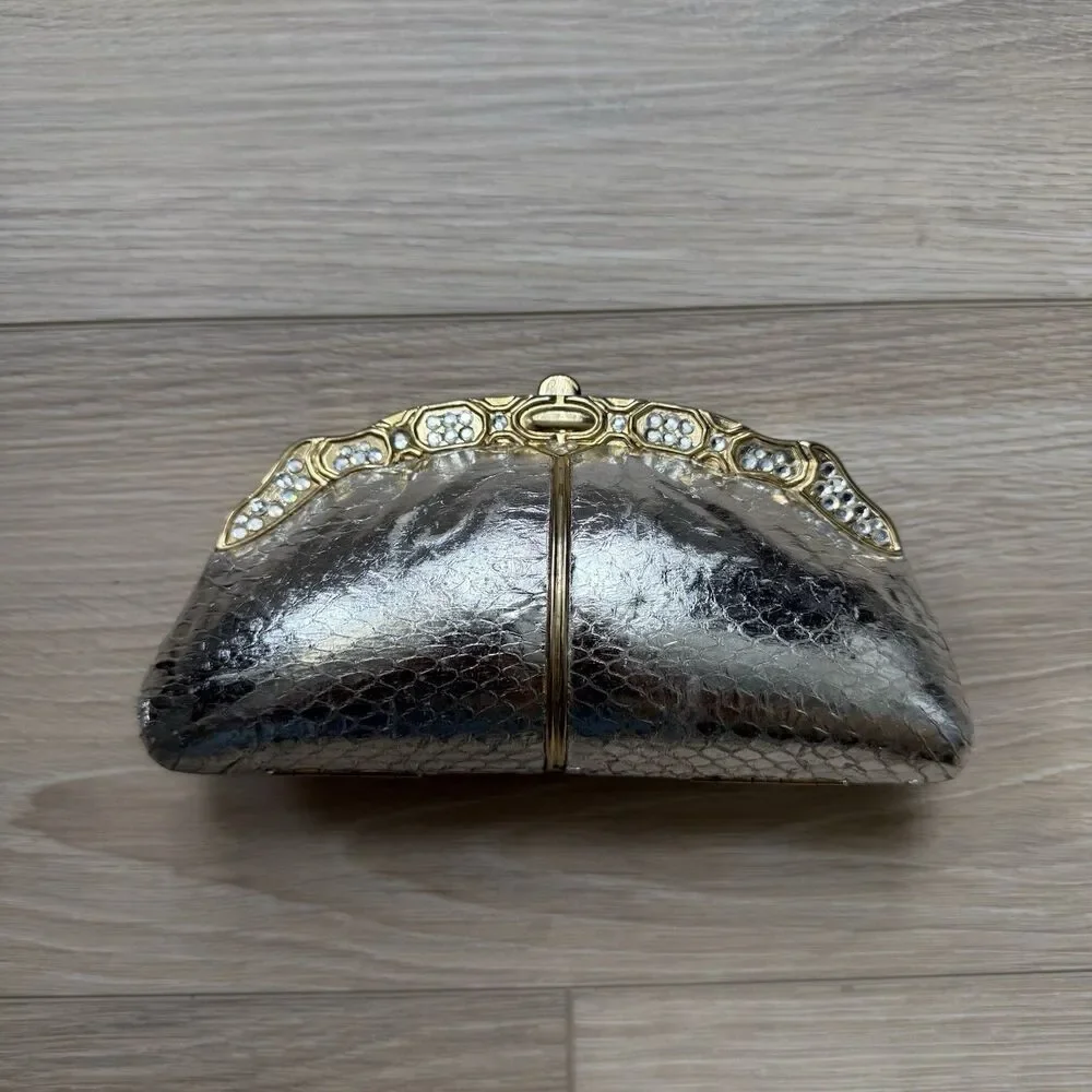 Vintage Clutch Purse Metallic Silver Gold Rhinestone Shoulder Chain Bag